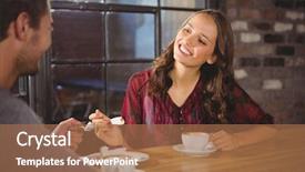  Presentation with coffee shop - Colorful slide set enhanced with brunette enjoying cake and coffee backdrop and a  colored foreground