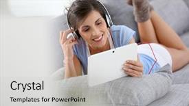  Presentation with listening - PPT theme featuring brunette girl listening to music background and a  colored foreground