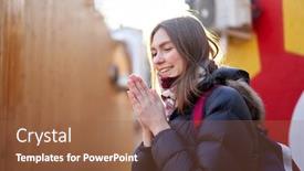  Presentation with city buildings - PPT theme with brunette-girl-with-backpack-warms background and a tawny brown colored foreground