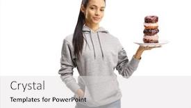  Presentation with donuts - Beautiful slides featuring brunette-girl-with-donuts backdrop and a light gray colored foreground