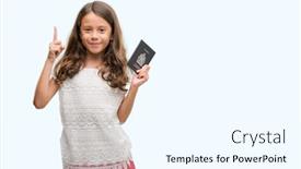  Presentation with canada - Beautiful presentation design featuring brunette hispanic girl holding passport of canada surprised with an idea or question pointing finger with happy face number one backdrop and a cool aqua colored foreground