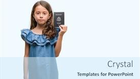  Presentation with america - Cool new slide deck with brunette hispanic girl holding passport of united states of america with a confident expression on smart face thinking serious backdrop and a cool aqua colored foreground