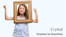  Presentation with vintage art - Audience pleasing PPT theme consisting of brunette hispanic girl holding vintage art frame screaming proud and celebrating victory and success very excited cheering emotion backdrop and a cool aqua colored foreground