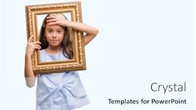  Presentation with vintage art - PPT theme with brunette hispanic girl holding vintage art frame stressed with hand on head shocked with shame and surprise face angry and frustrated fear and upset for mistake background and a cool aqua colored foreground