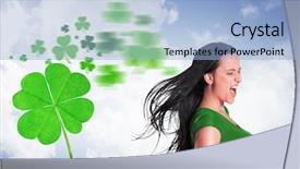  Presentation with tshirt - PPT theme with brunette in green tshirt against bright blue sky with clouds background and a light blue colored foreground