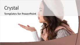  Presentation with kiss - Beautiful presentation theme featuring brunette in winter clothes blowing kiss on white background backdrop and a white colored foreground