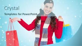  Presentation with winter blue - Presentation with brunette in winter clothes holding shopping bags against blue vignette background and a cool aqua colored foreground