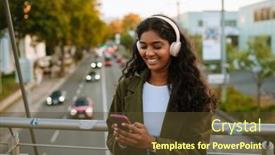  Presentation with indian woman - Presentation having brunette-indian-woman-in-headphones background and a tawny brown colored foreground