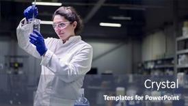  Presentation with lab coat - Beautiful PPT theme featuring brunette-lab-girl-in-glasses backdrop and a ocean colored foreground