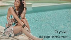  Presentation with luxury fashion - Beautiful slide deck featuring brunette lying by blue swimming backdrop and a light blue colored foreground
