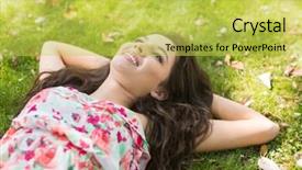  Presentation with grass - Slide set featuring brunette lying on the grass background and a  colored foreground