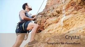  Presentation with man in nature - Slide set consisting of brunette man climbing natural rock background and a coral colored foreground