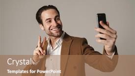  Presentation with peace - Cool new PPT theme with brunette-man-showing-peace-sign backdrop and a coral colored foreground