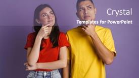  Presentation with purple wall - Colorful PPT layouts enhanced with brunette-puzzled-couple-posing backdrop and a coral colored foreground