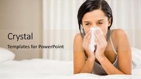  Presentation with sneezing - PPT theme consisting of brunette sneezing on bed at home background and a soft green colored foreground