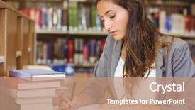  Presentation with library - PPT theme featuring brunette student doing her assignment background and a coral colored foreground
