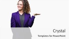  Presentation with hand palm - Presentation enhanced with brunette student girl wearing school background and a  colored foreground