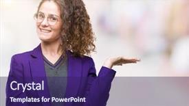  Presentation with hand palm - Slide deck with brunette student girl wearing school background and a  colored foreground