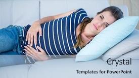  Presentation with stomach - Beautiful PPT layouts featuring brunette suffering from stomach pain backdrop and a light blue colored foreground
