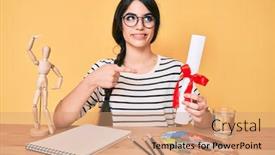  Presentation with diploma - PPT theme with brunette-teenager-girl-artist-holding background and a coral colored foreground