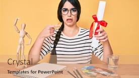  Presentation with diploma - PPT theme featuring brunette-teenager-girl-artist-holding background and a coral colored foreground