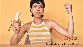  Presentation with healthy snack - Amazing PPT theme having brunette-teenager-girl-eating-banana backdrop and a coral colored foreground