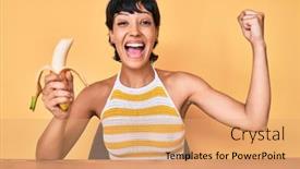  Presentation with healthy snack - Amazing theme having brunette-teenager-girl-eating-banana backdrop and a coral colored foreground