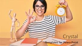  Presentation with exam - Amazing slide set having brunette-teenager-girl-holding-alarm backdrop and a coral colored foreground