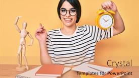  Presentation with alarm - Slides enhanced with brunette-teenager-girl-holding-alarm background and a coral colored foreground