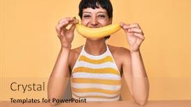  Presentation with african american teenager girl - PPT theme enhanced with brunette-teenager-girl-holding-banana background and a coral colored foreground