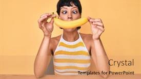  Presentation with banana - Audience pleasing PPT theme consisting of brunette-teenager-girl-holding-banana backdrop and a coral colored foreground