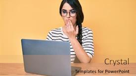  Presentation with cheerful stylish city girl using - Colorful PPT theme enhanced with brunette-teenager-girl-working-using backdrop and a coral colored foreground