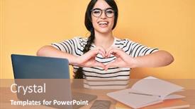  Presentation with heart hands - Colorful PPT theme enhanced with brunette-teenager-girl-working backdrop and a coral colored foreground