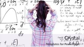  Presentation with equation - Cool new slides with brunette with hands on hair in front of sticky notes on wooden wall against maths equation backdrop and a light blue colored foreground