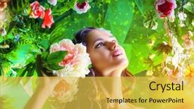  Presentation with tropical flowers - Colorful PPT theme enhanced with brunette woman among summer plant backdrop and a yellow colored foreground