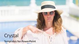  Presentation with age discrimination - Beautiful slides featuring brunette woman by the swiming backdrop and a  colored foreground