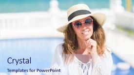  Presentation with idea - Colorful PPT layouts enhanced with brunette woman by the swiming backdrop and a  colored foreground