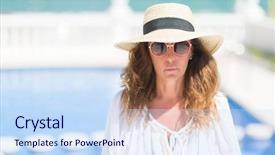  Presentation with thinking - Theme enhanced with brunette woman by the swiming background and a sky blue colored foreground