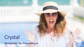  Presentation with woman hands raised to sky - Amazing theme having brunette woman by the swiming backdrop and a  colored foreground