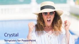  Presentation with anger - Theme with brunette woman by the swiming background and a  colored foreground