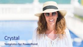  Presentation with middle adolescent - PPT layouts featuring brunette woman by the swiming background and a  colored foreground