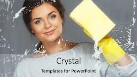  Presentation with cleaning - Audience pleasing slide set consisting of brunette woman cleaning window glass backdrop and a light gray colored foreground