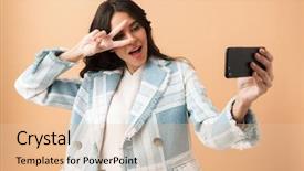  Presentation with role play woman and man - Cool new PPT layouts with brunette woman dressed in plaid backdrop and a  colored foreground