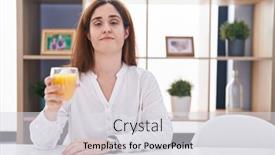  Presentation with looking glass - Presentation theme having brunette-woman-drinking-glass background and a  colored foreground