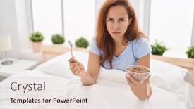  Presentation with breakfast - Slides featuring brunette-woman-eating-breakfast background and a  colored foreground