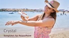  Presentation with sunscreen - PPT layouts with brunette-woman-enjoying-a-summer background and a soft green colored foreground