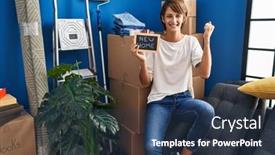  Presentation with new home - Theme featuring brunette-woman-holding-blackboard background and a  colored foreground