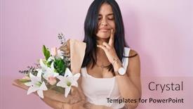  Presentation with hand holding flowers - PPT layouts having brunette-woman-holding-bouquet background and a coral colored foreground