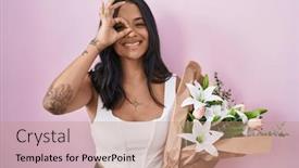  Presentation with hand holding flowers - PPT layouts consisting of brunette-woman-holding-bouquet background and a coral colored foreground