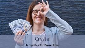  Presentation with eye - Slides with brunette-woman-holding-dollars-smiling background and a light blue colored foreground
